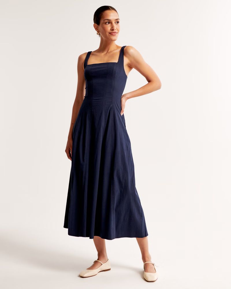 Women's Fit & Flare Stretch Midi Dress | Women's | Abercrombie.com | Abercrombie & Fitch (US)