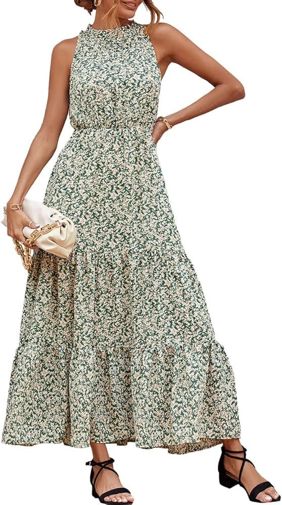 dowerme Women’s Casual Halter Neck Sleeveless Boho Floral Maxi Dress Ruffle Tiered Swing Sundress wi | Amazon (US)