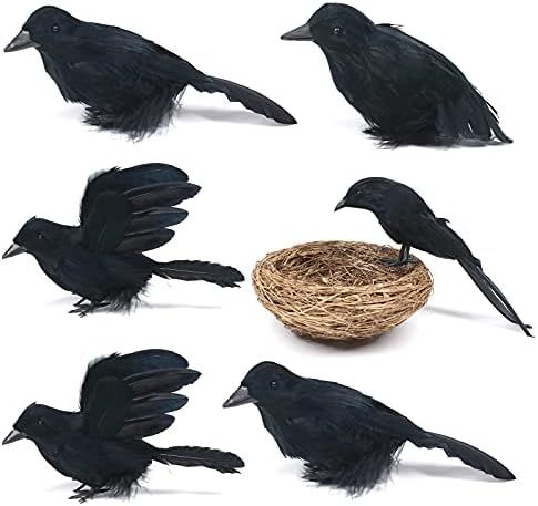 Darnassus 6PCS Halloween Crows Black Realistic Crows Artificial Feathered Raven Prop with Bird's Nes | Amazon (US)