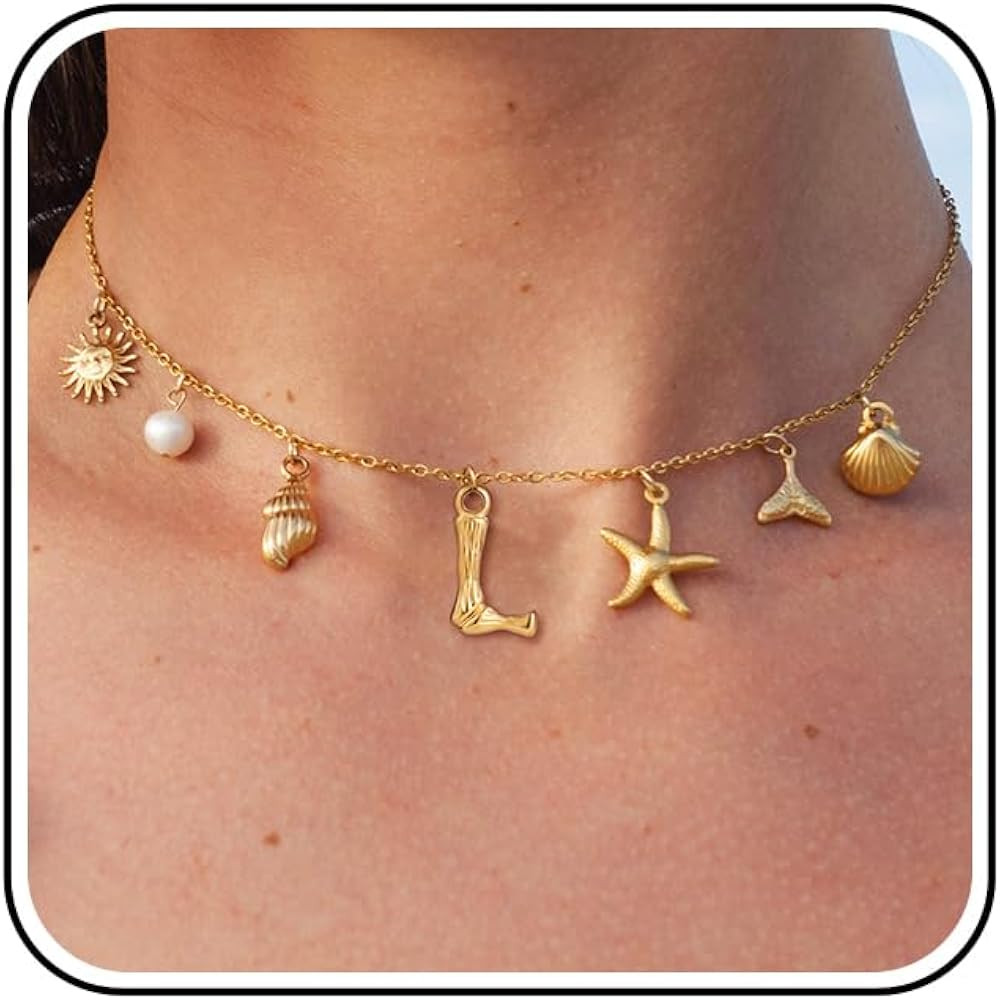 SLOONG Initial Charm Necklace for Women, Beach Pendant 14K Gold Plated Letter Neckalces Freshwate... | Amazon (US)