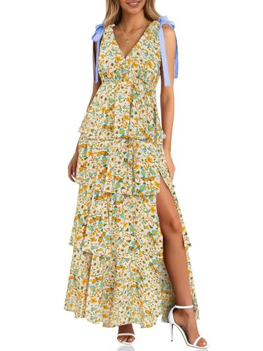 Wenrine Womens Summer Floral Maxi Dress Tie Strap Sleeveless V Neck High Slit Boho Ruffle Tiered Beach Dresses Yellow | Amazon (US)