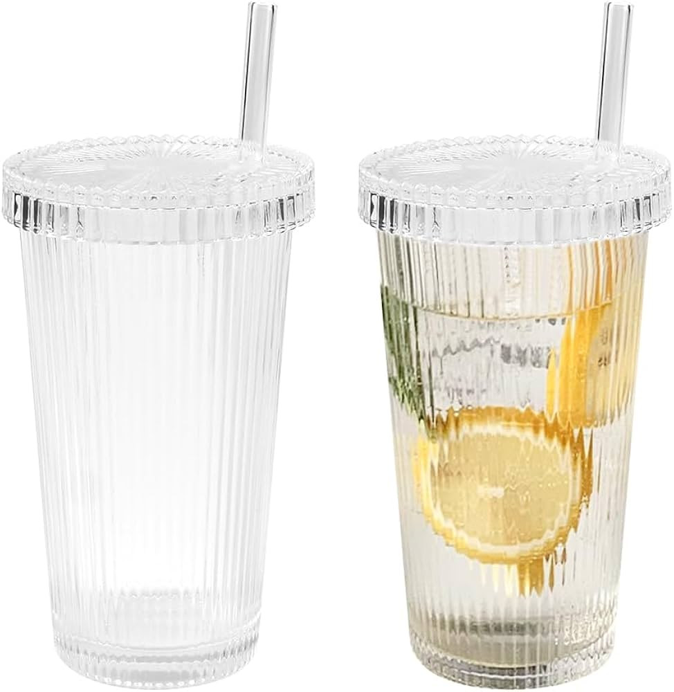 Kleemeiero 2PCS Verre avec Couvercle et Paille Verre Strié 380ML Tasse à Café en Verre à Rayu... | Amazon (FR)