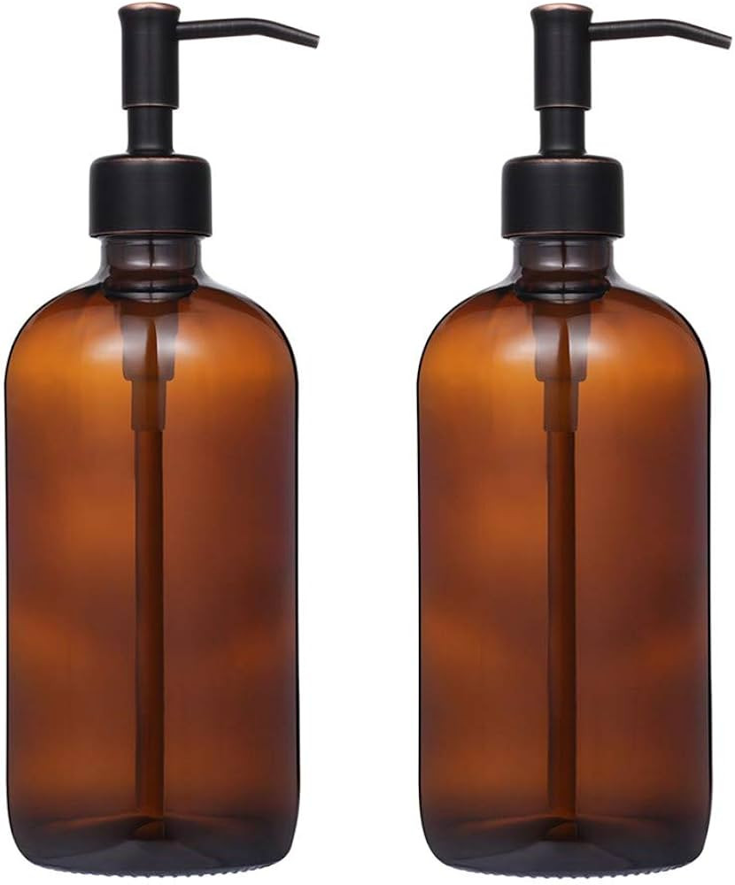 2 Pack Thick Amber Glass Pint Jar Soap Dispenser with Oil Rubbed Bronze Stainless Steel Pump, 16ounce Boston Round Bottles Dispenser with Rustproof Pump for Essential Oil, Lotion Soap | Amazon (US)