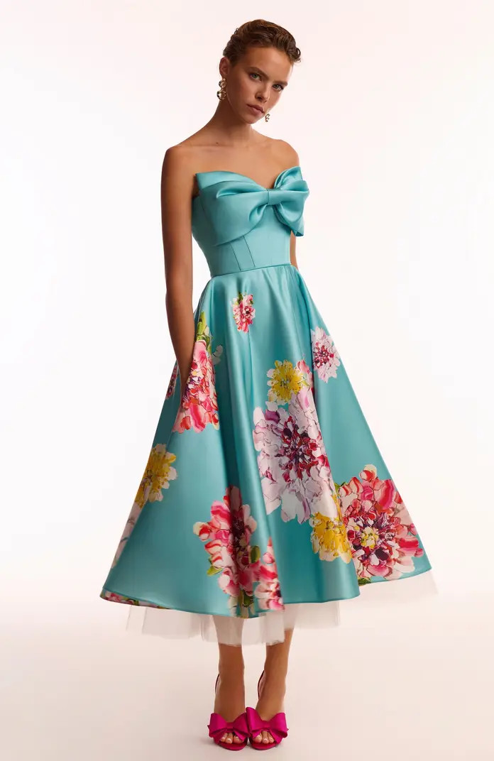 A-Line Satin Floral Print Midi Dress for Cocktail Events | Nordstrom