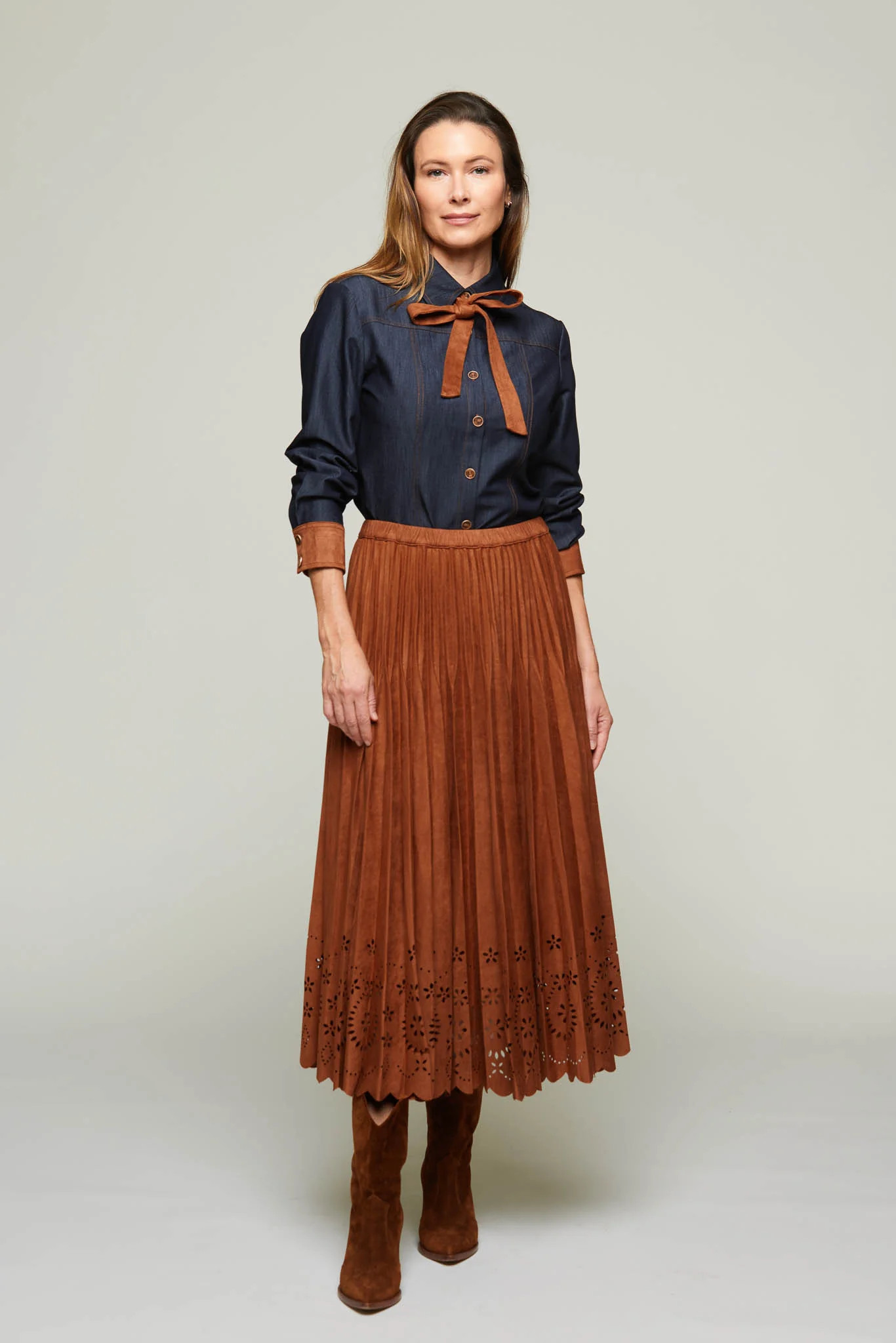 Linda Skirt with Laser Cut Detail-Chestnut Brown | Benaar La