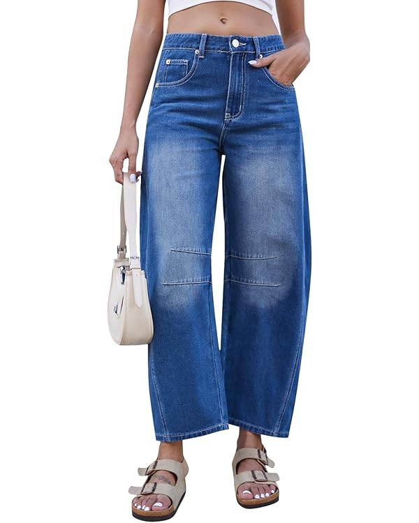 Mid Rise Barrel Jeans for Women Wide Leg Mid Waist Cropped Denim Pants Y2k Baggy Boyfriend Jeans ... | Amazon (US)