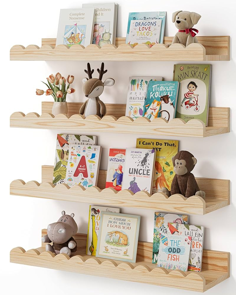 Nursery Book Shelves, 4-Pack Wood Floating Shelves for Wall Kids, Scalloped Shelves, Wall Book Sh... | Amazon (US)