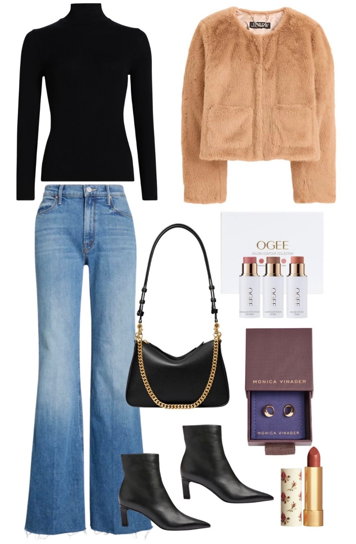 Faux fur jacket
Jeans 
Black booties 
Earrings 
Lipstick 

#LTKSeasonal #LTKSaleAlert #LTKFindsUnder100