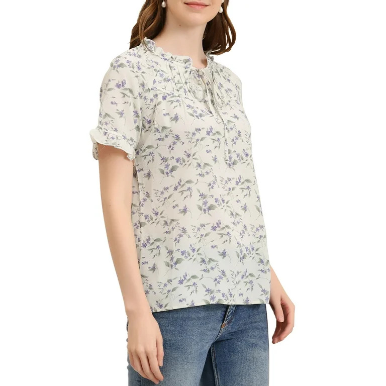 Allegra K Women's Floral Print Tie Neck Short Sleeves Peasant Blouse - Walmart.com | Walmart (US)