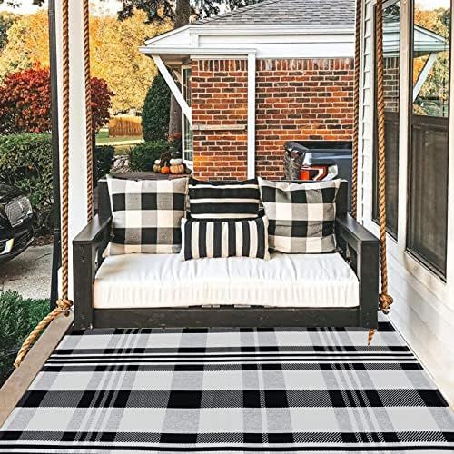 Buffalo Plaid Rug 4' x 6' Black and White Outtdoor Rug Cotton Hand-Woven Checkered Front Welcome Doo | Amazon (US)