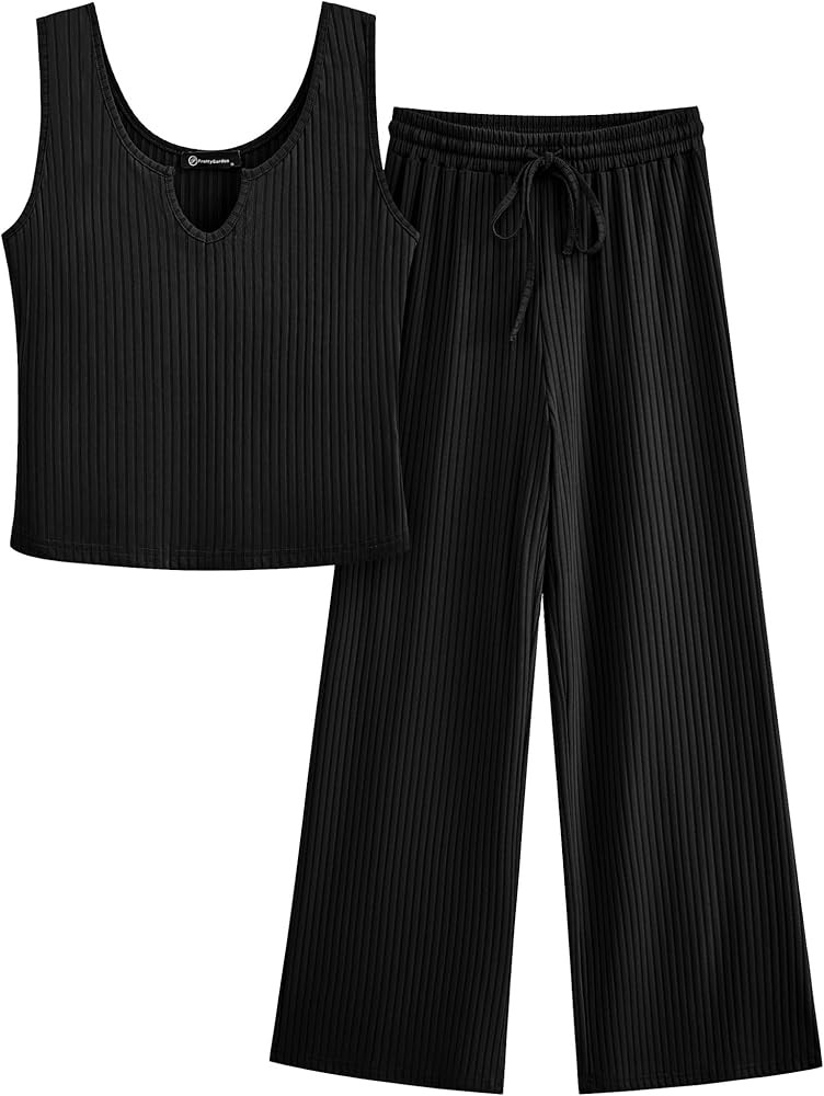 PRETTYGARDEN Women's Summer Casual Two Piece Outfits Sweatsuits Tank Scoop Neck Ribbed Knit Long ... | Amazon (US)