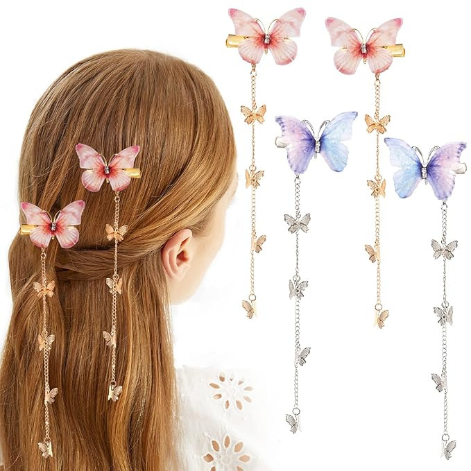 4Pcs Tassel Butterfly Hair Clips, 2 Pairs Fabric Butterfly Hairpin with Detachable Golden Silver ... | Amazon (US)