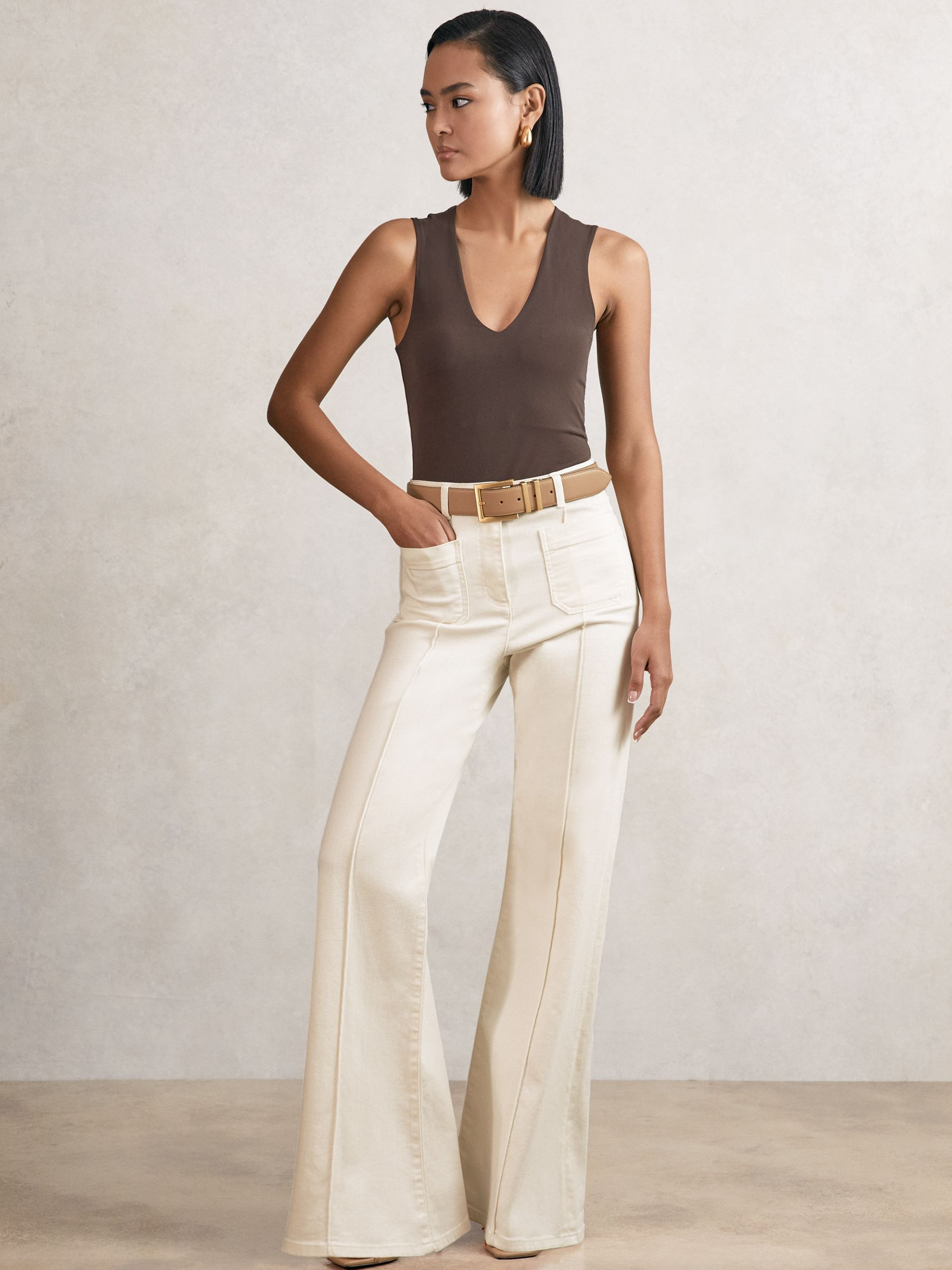 Reiss Petite Patch-Pocket Flared Jeans in Ecru | REISS | Reiss US
