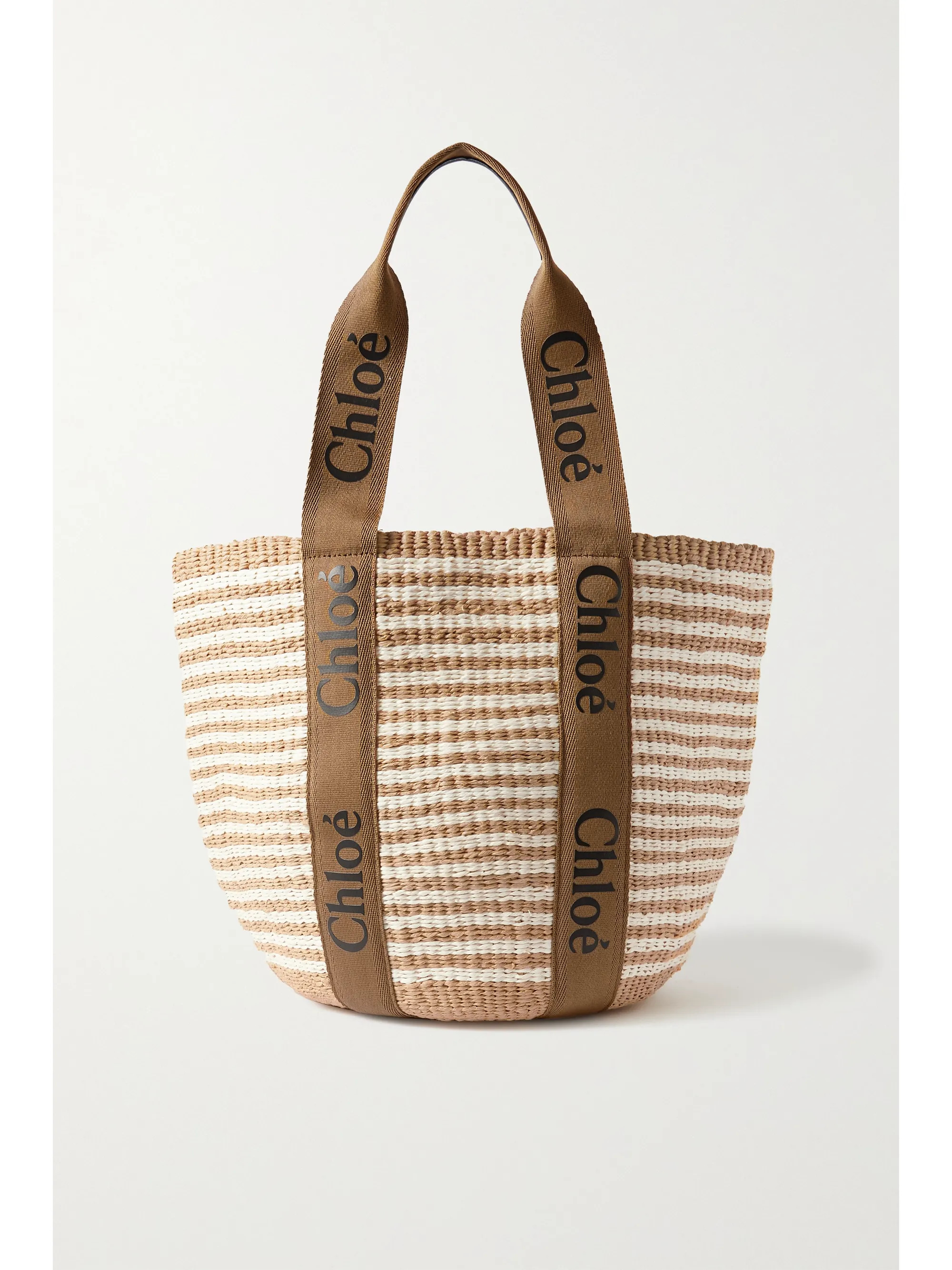 Brown Woody large printed canvas and leather-trimmed striped raffia tote | Chloé | NET-A-PORTER | NET-A-PORTER (UK & EU)