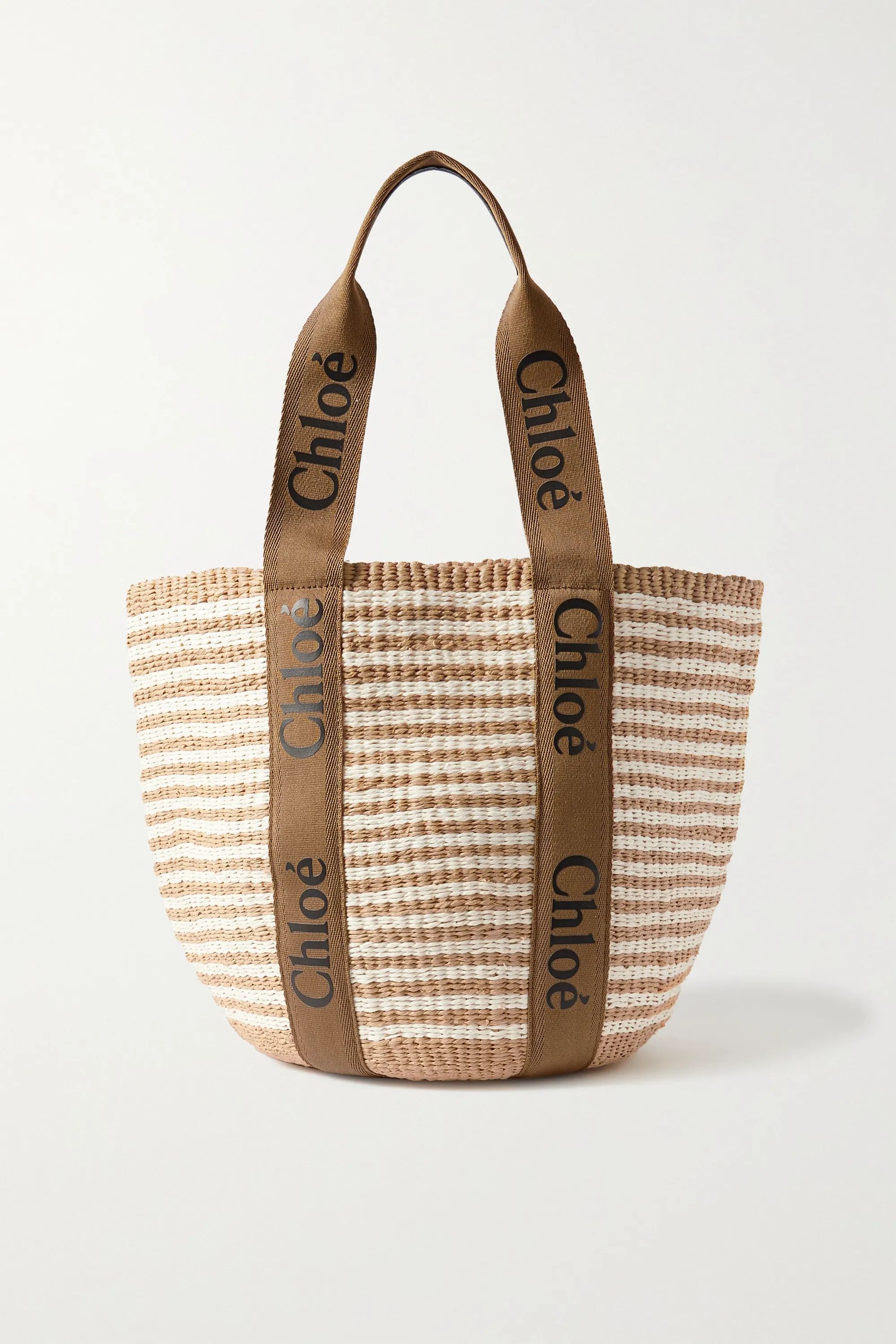 Brown Woody large printed canvas and leather-trimmed striped raffia tote | Chloé | NET-A-PORTER | NET-A-PORTER (UK & EU)