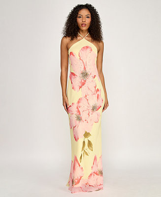 Juniors' Large Floral Print Halter Drape Back Dress | Macy's