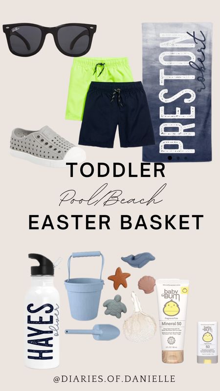 Toddler Easter Basket Ideas 🐣
Pool/Beach Theme 

Toddler Swimsuit, toddler personalized beach towel, toddler personalized water bottle, sand toys, toddler sunscreen, Toddler sunglasses 

#LTKSeasonal #LTKkids #LTKbaby