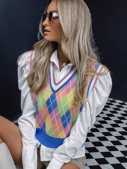 Colorful Argyle Pattern Sweater Vest | SHEIN