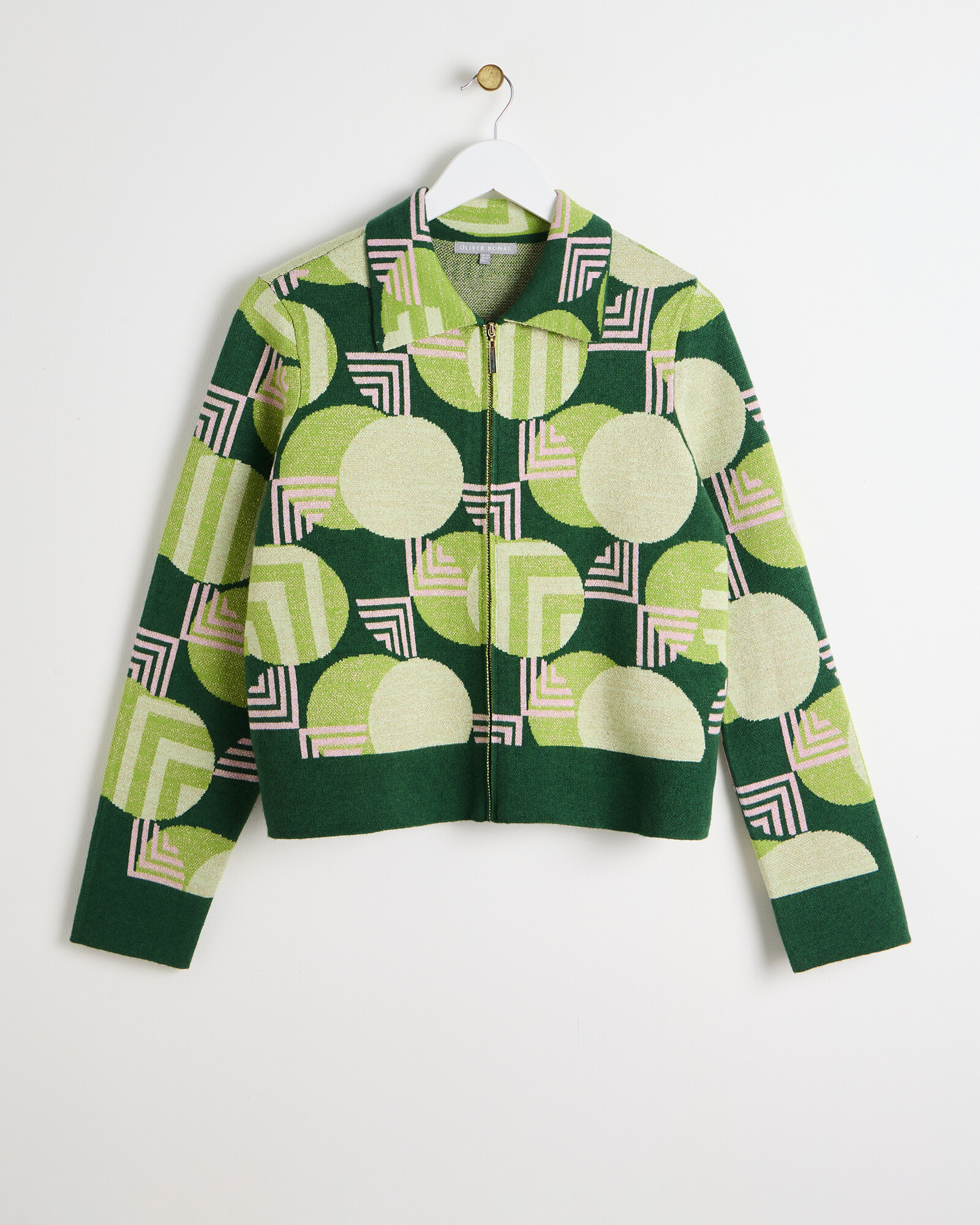 Green Geometric Knitted Bomber Jacket | Oliver Bonas | Oliver Bonas (Global)