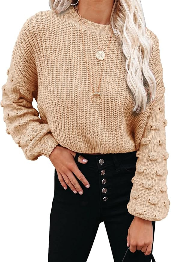 Tutorutor Womens Crew Neck Pom Pom Sleeve Pullover Sweaters Oversized Batwing Sleeve Chunky Knit ... | Amazon (US)