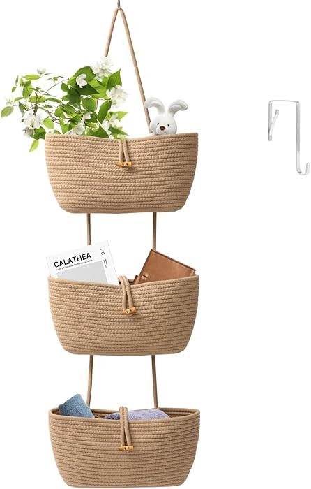 TeoKJ 3-Tier Cotton Rope Baskets with Button Strap Over the Door Wall Hanging Baskets for Nursery... | Amazon (US)