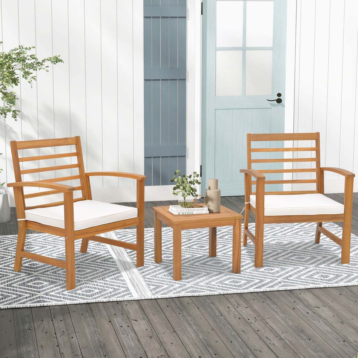 Costway 3 PCS Outdoor Furniture Set Acacia Wood Conversation Set with Soft Seat Cushions White | Target