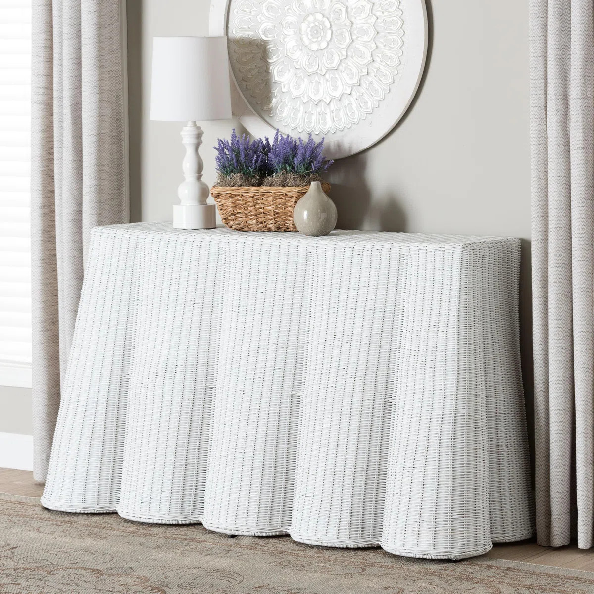 Brazley Bali & Pari Palm Bohemian Seafoam Scallop Rattan Console Table | Wayfair North America