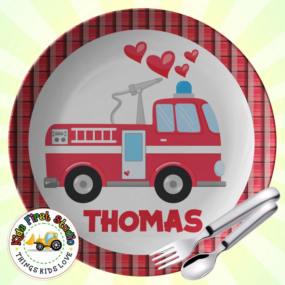 Personalized Valentine Fire Truck Food Plate Toddler Kids - Etsy | Etsy (US)