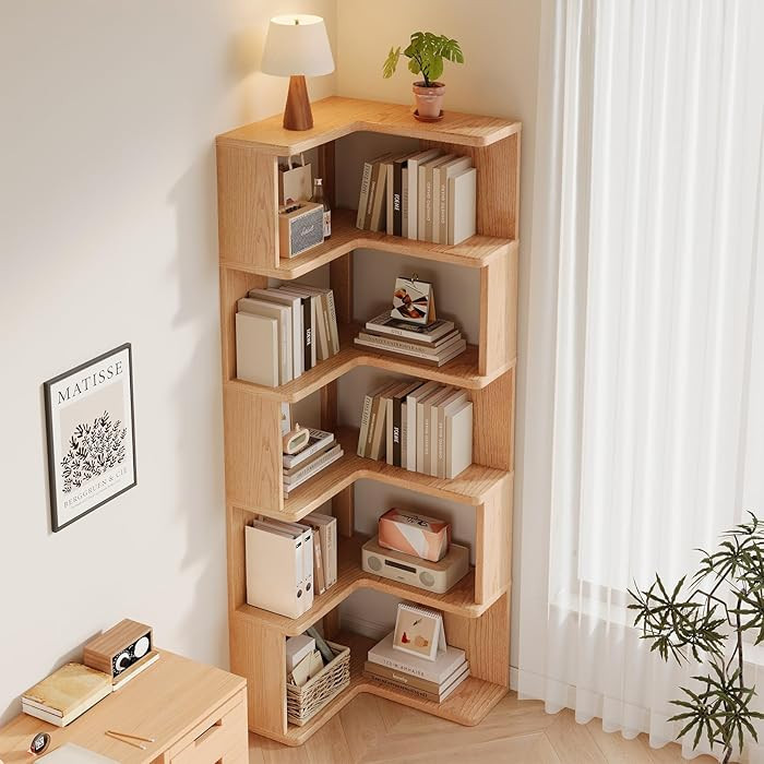 5 Tier Corner Bookshelf, Wood Small Bookcase with Open Shelf Units, Natural Oak Modern Mid Centur... | Amazon (US)
