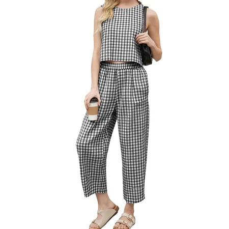 Czanzd Women's Cotton Gingham Two-Piece Outfit,White,Size S | Walmart (US)