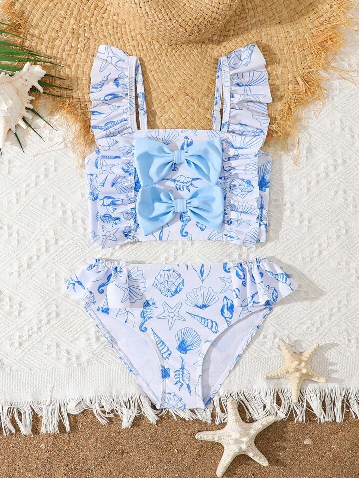 Lunivi Young Girl Vacation Beach Ruffle Edge Bow Decor Allover Print Swimwear Set | SHEIN