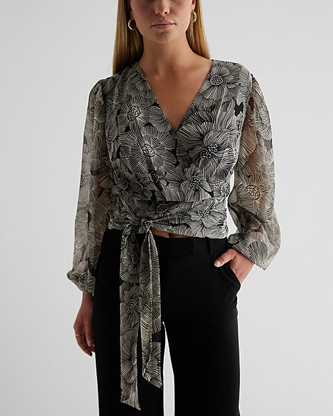 Floral V-Neck Faux Wrap Tie Waist Cropped Top | Express