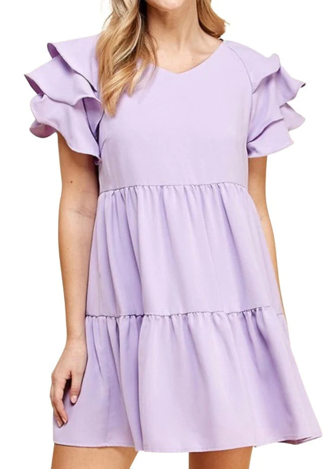 Lavender ruffle shoulder tiered mini dress | Mulberry & King