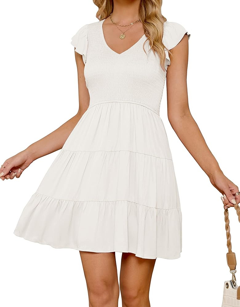 ZESICA Women's 2026 Summer Casual V Neck Flutter Sleeve Bohemian Ruffle Smocked A Line Swing Mini... | Amazon (US)