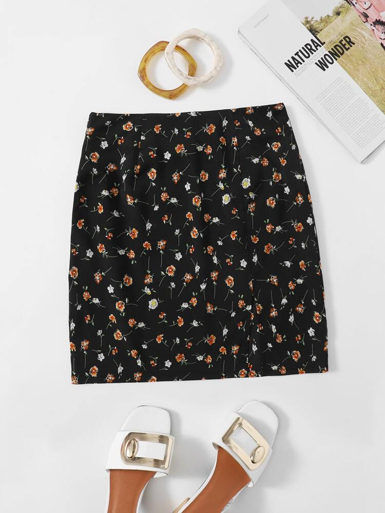 SHEIN Floral Slit Hem Zipper Skirt | SHEIN