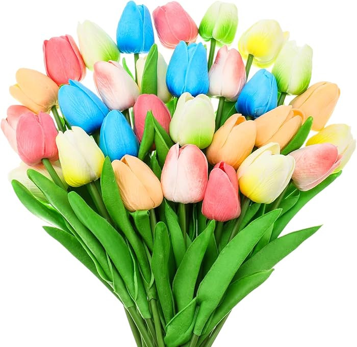 Lyrow 30 Pcs Tulips Artificial Bouquet Flowers Faux Tulips for Home Kitchen Wedding Decorations,G... | Amazon (US)