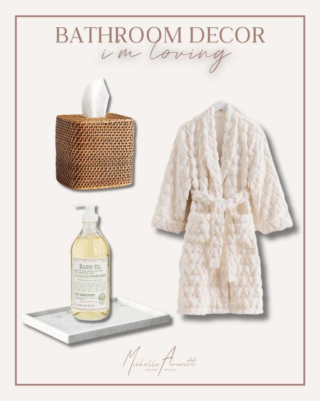 Lately I’ve been loving those small bathroom upgrades that quietly make everything feel more polished without a full redesign. A fluffy LoveShackFancy robe has been my favorite finishing touch, the kind of piece that makes everyday routines feel a little more special the second you put it on.
I’ve also been leaning into simple decor accents that keep the space feeling clean and intentional, along with trays that instantly pull everything together and make even the smallest items feel styled. It’s really about those subtle details that bring a sense of ease and softness into the space.

Bathroom decor, summer home style, bathroom style

#LTKdayinmylife #LTKHome #LTKSeasonal