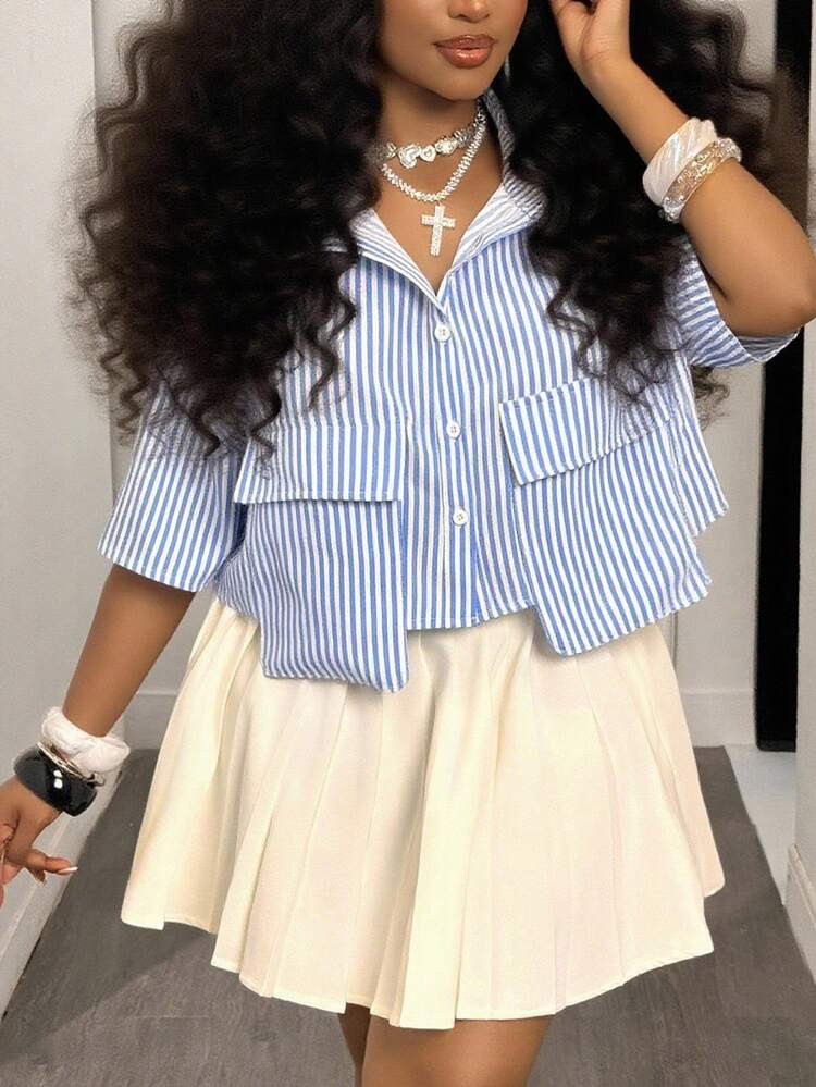 Slaydiva 2025 Spring And Summer New Daily Wear Casual Elegant Commuter Blue And White Stripes Pol... | SHEIN