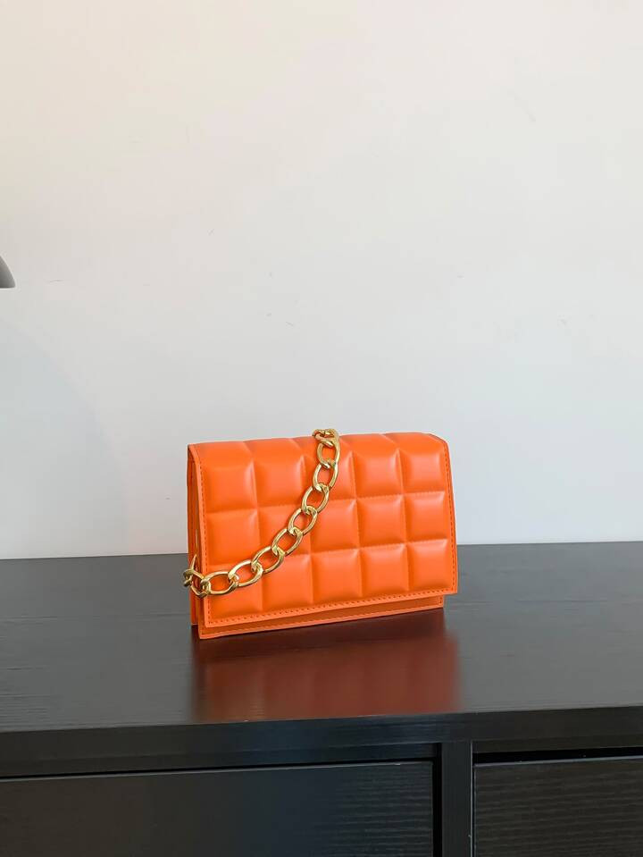 Mini Neon Orange Quilted Chain Flap Square Bag | SHEIN
