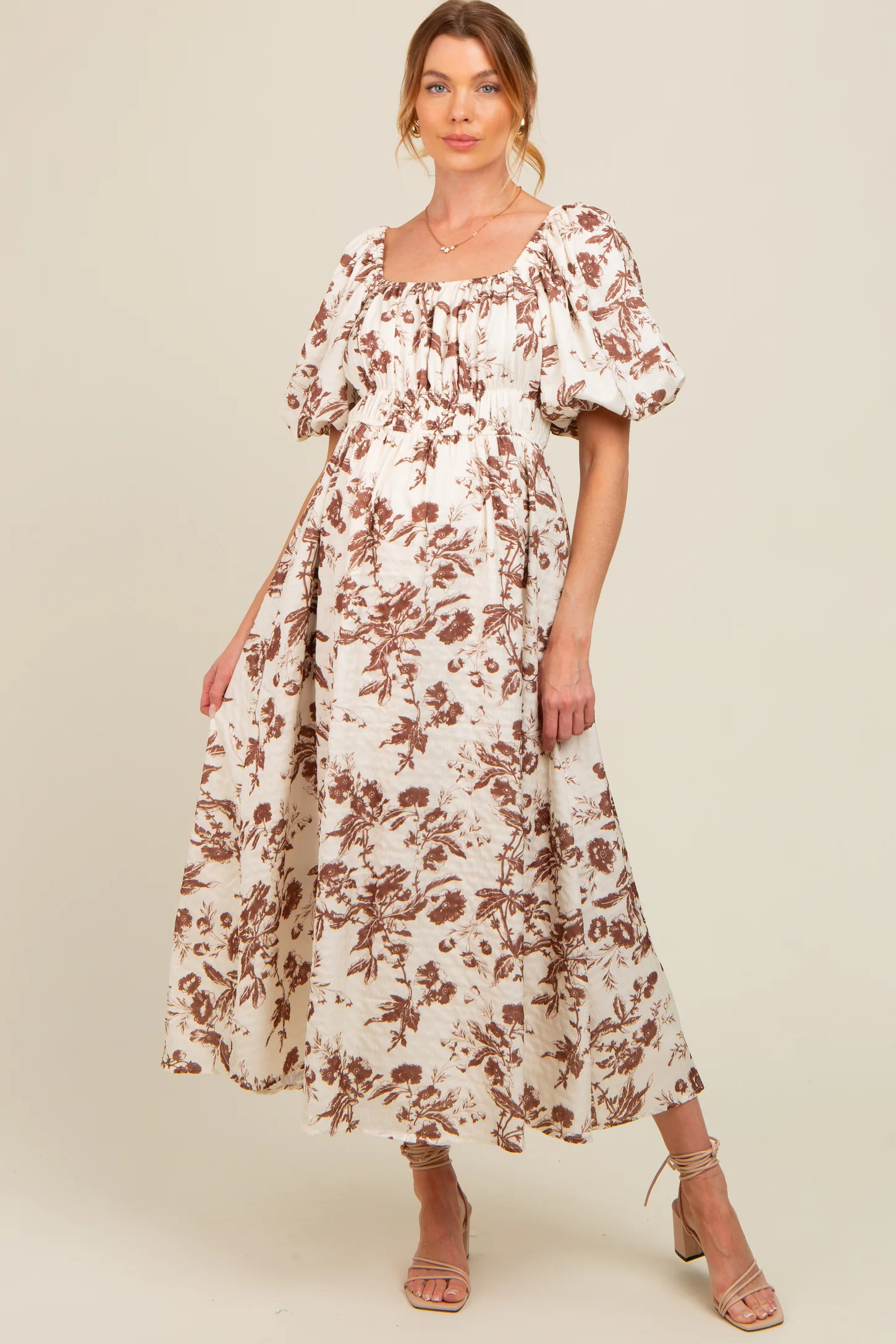 Brown Floral Puff Sleeve Maternity Midi Dress | PinkBlush Maternity