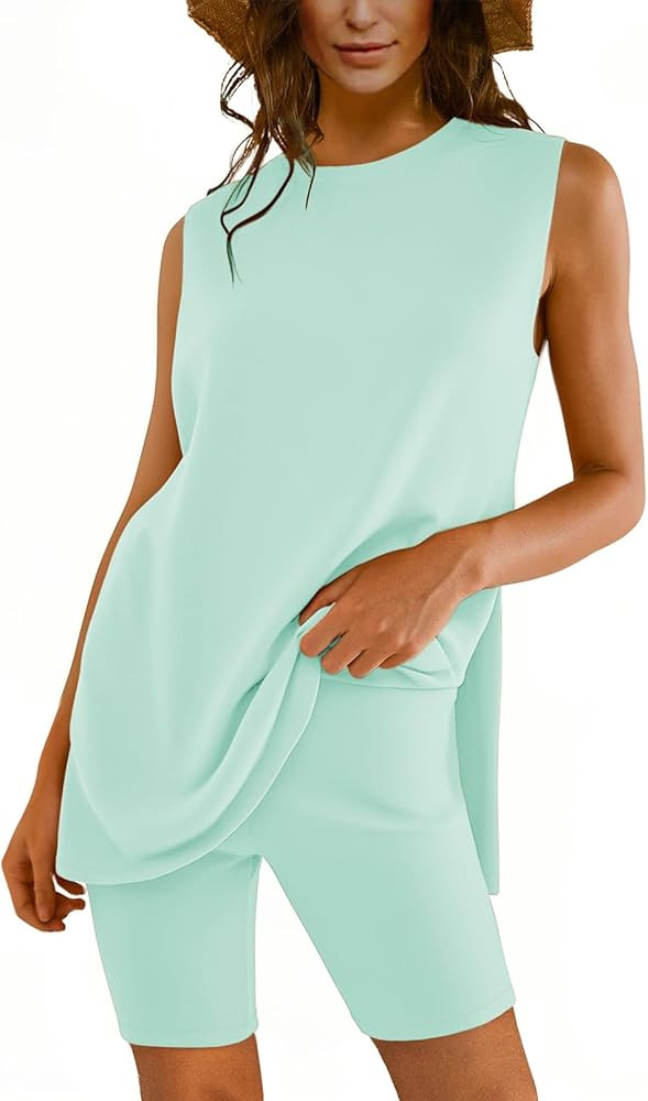 Outfeel Women Two Piece Short Set Summer Sweatsuit Beach Outfits Sleeveless Tunic Top and Shorts ... | Amazon (US)