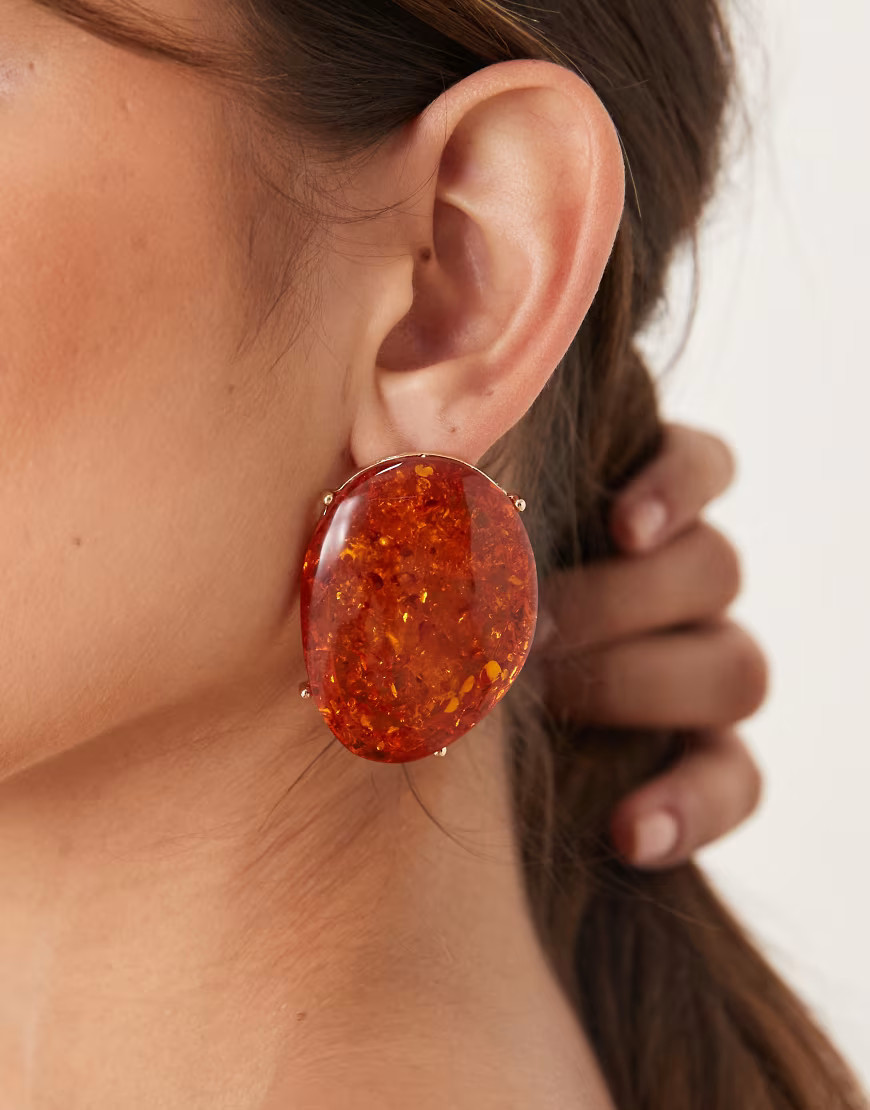 ASOS DESIGN large stud earrings with amber faux-stone setting-Orange | ASOS (Global)
