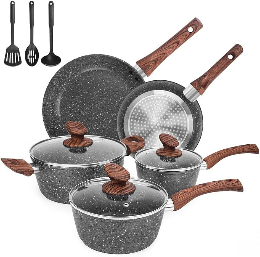M MELENTA Granite Pots and Pans Set Ultra Nonstick, 11 Piece Die-Cast Cookware Sets with Frying P... | Amazon (US)