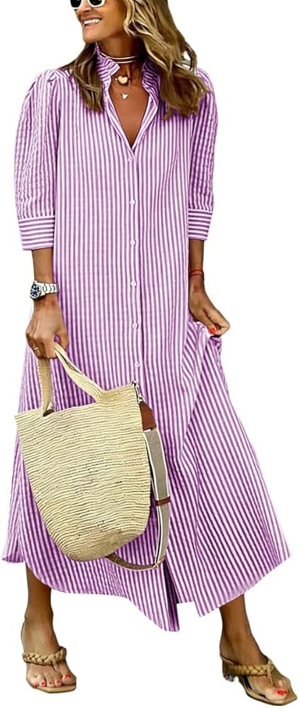 chouyatou Women's Summer 3/4 Sleeve Striped Maxi Long Shirt Dress Boho Ruffled Button Down Beach ... | Amazon (US)