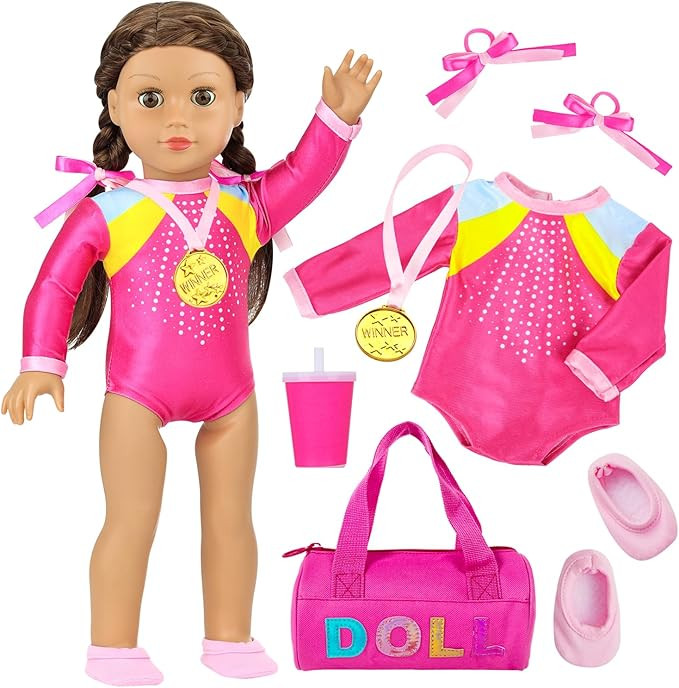 K.T. Fancy 18 Inch Doll Gymnastics Clothes Set - Pink Leotard, Shoes, Gym Bag, Olympic Medal, Wat... | Amazon (US)