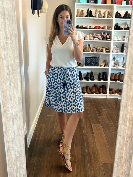 Giving Grecian vibes with this blue and white skirt + gladiator sandals. 🇬🇷 My tee is on sale for $29 if you get 2 or more and my skirt is $25! Such a steal 🙌🏼

Tee runs TTS. Wearing size small.
Skirt runs large. Wearing size small. 

#LTKunder50 #LTKSeasonal #LTKsalealert