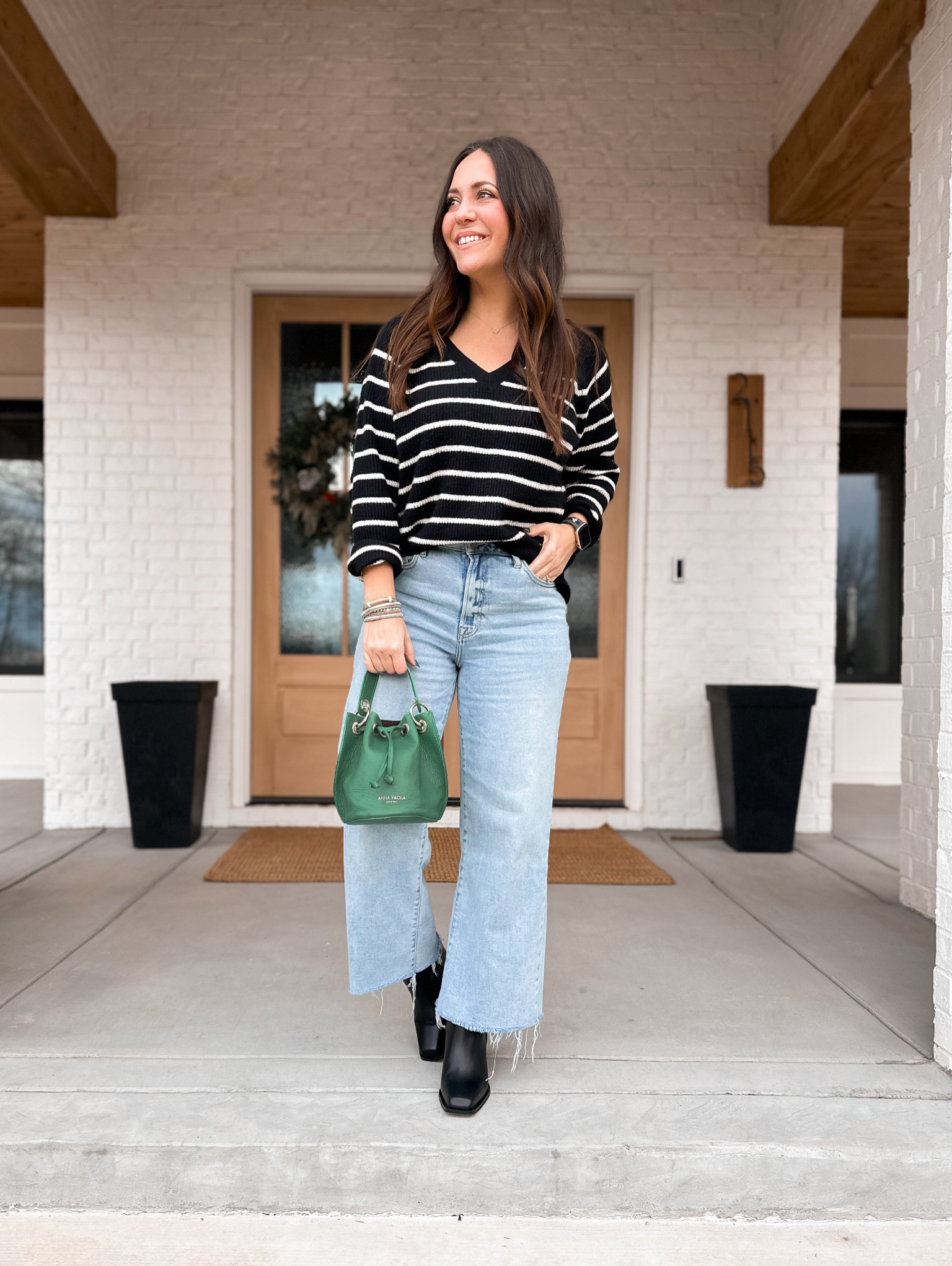 My sweater is basically all out of stock so I’m linking similar and several pairs of the same style jeans. 

If between sizes in the jeans I would go down. 

#LTKSeasonal #LTKfindsunder100