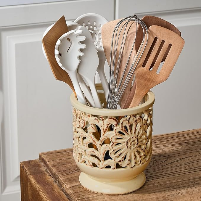 Farmhouse Kitchen Utensil Holder for Countertop, Ceramic Large Cooking Utensil Crock with Cork Ma... | Amazon (US)