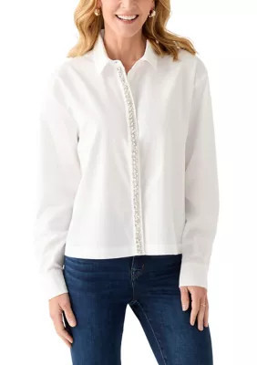 Crown & Ivy Women's Embellished Button Up Top, White, Medium | Belk