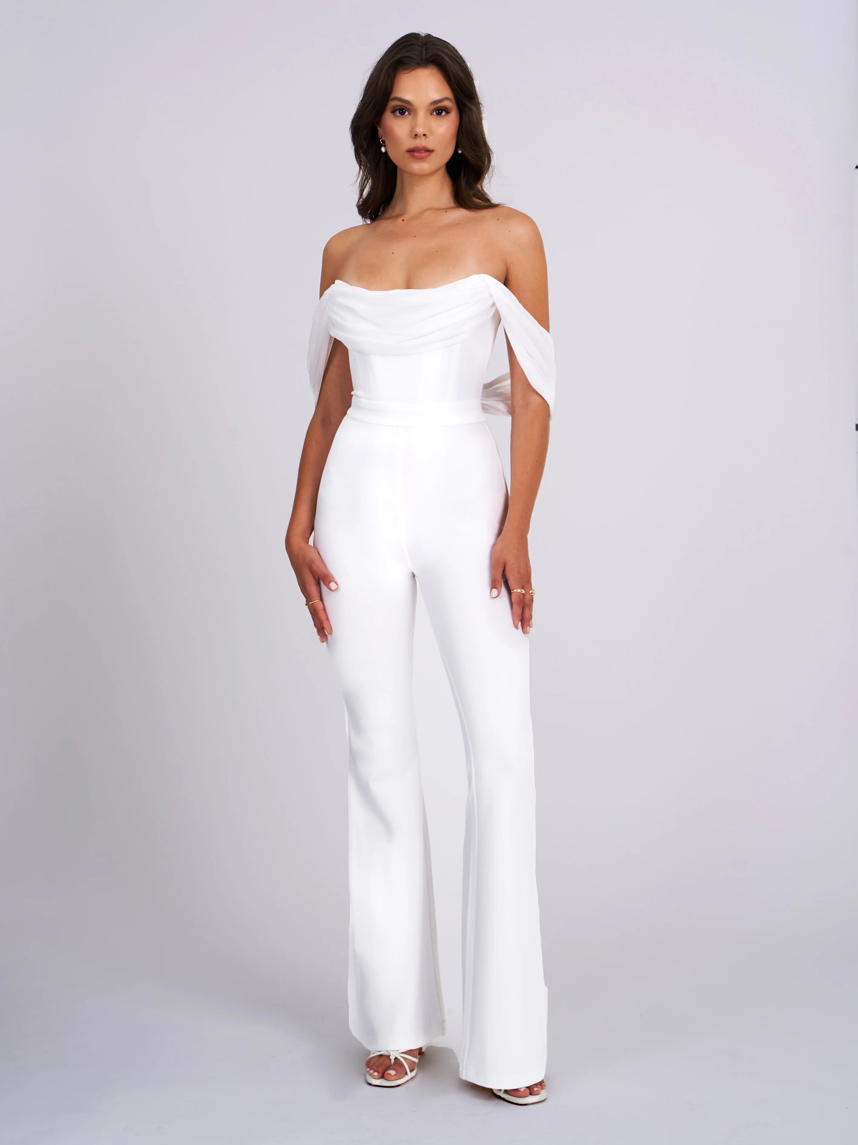 Sherlyn White Off Shoulder Flared Crepe Jumpsuit (Archive Sale) | Miss Circle